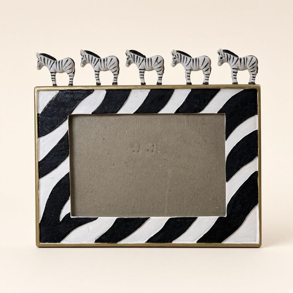 Zebra Photo Frame, Five Zebras On Top, Black White Stripes, Gold Rim
